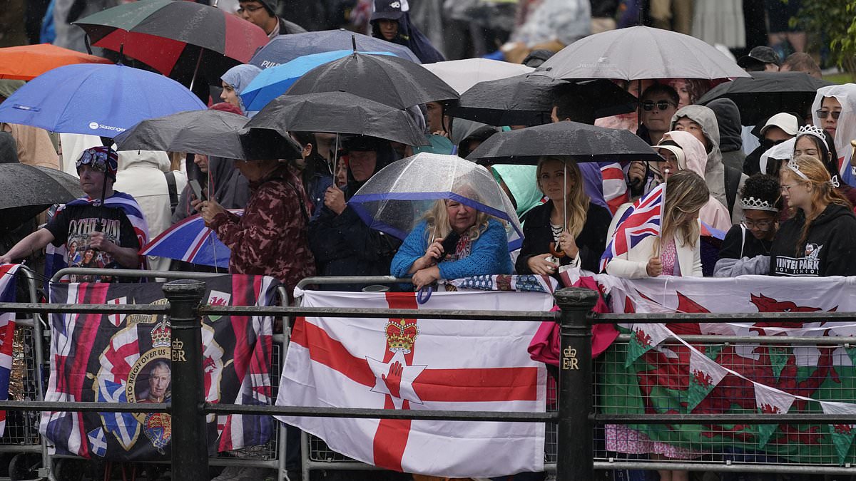 Thousands of defiant royal fans armed with umbrellas pour into Mall for Trooping the Colour to show support for Princess Kate and wish the King a happy birthday despite it promising to be a washout with thunderstorms [Video]